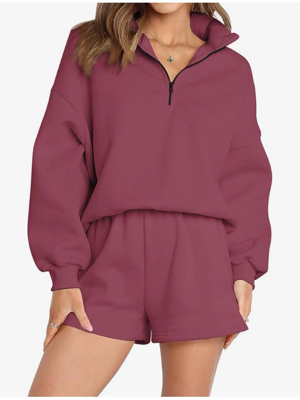Women’s Zip-Neck Sweatshirt & Shorts Set - Mauve